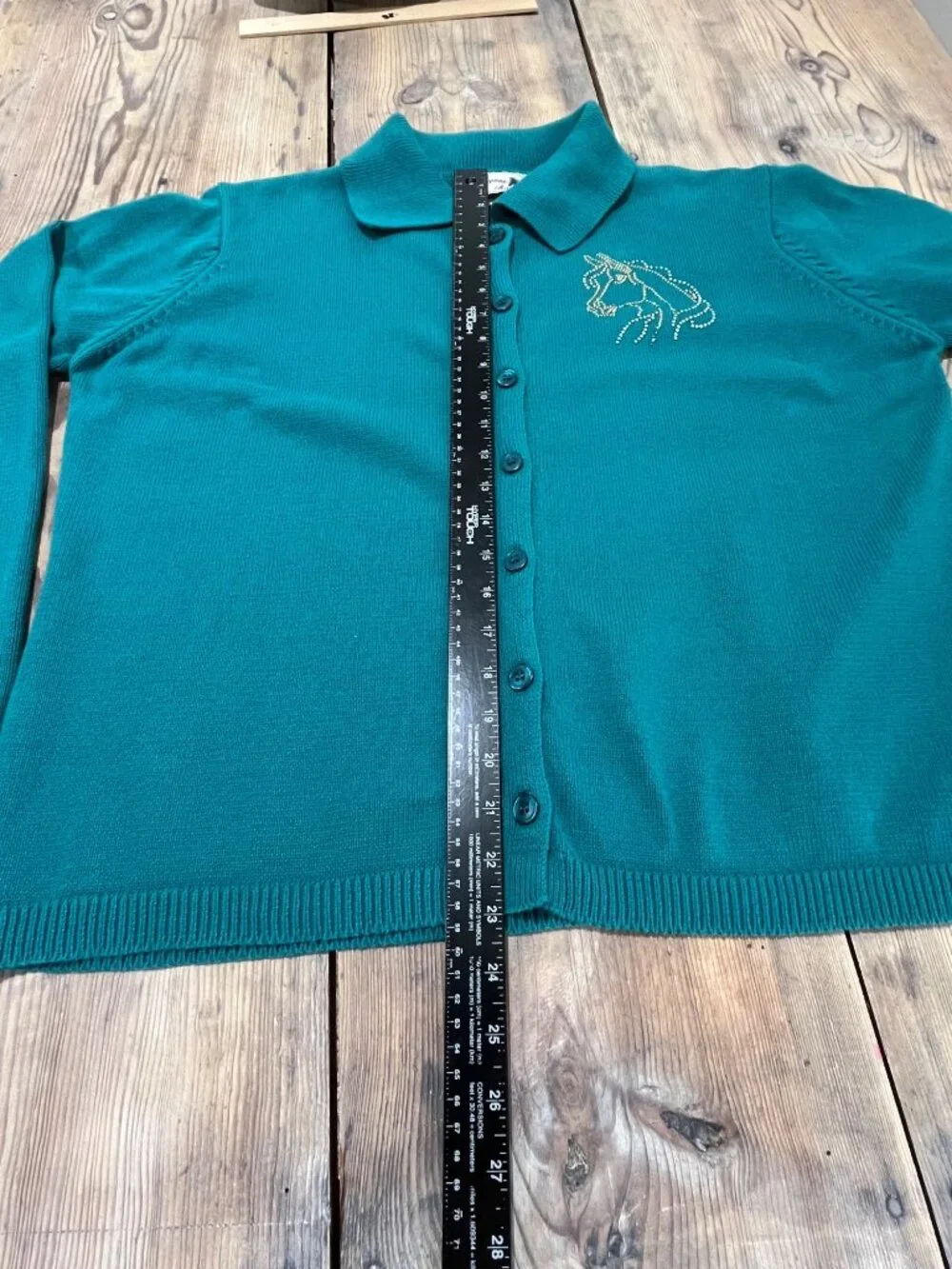 VTG Equine Art Wear Cardigan Sweater Womens 1X Teal Blue Embellished Horse